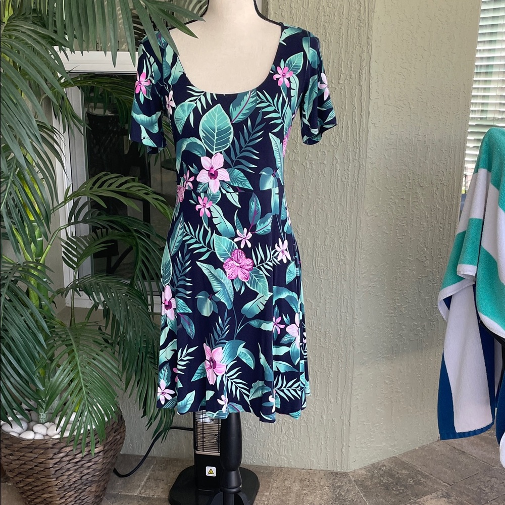 Old Navy Navy Tropical Floral Dress with Pink and Teal Accents